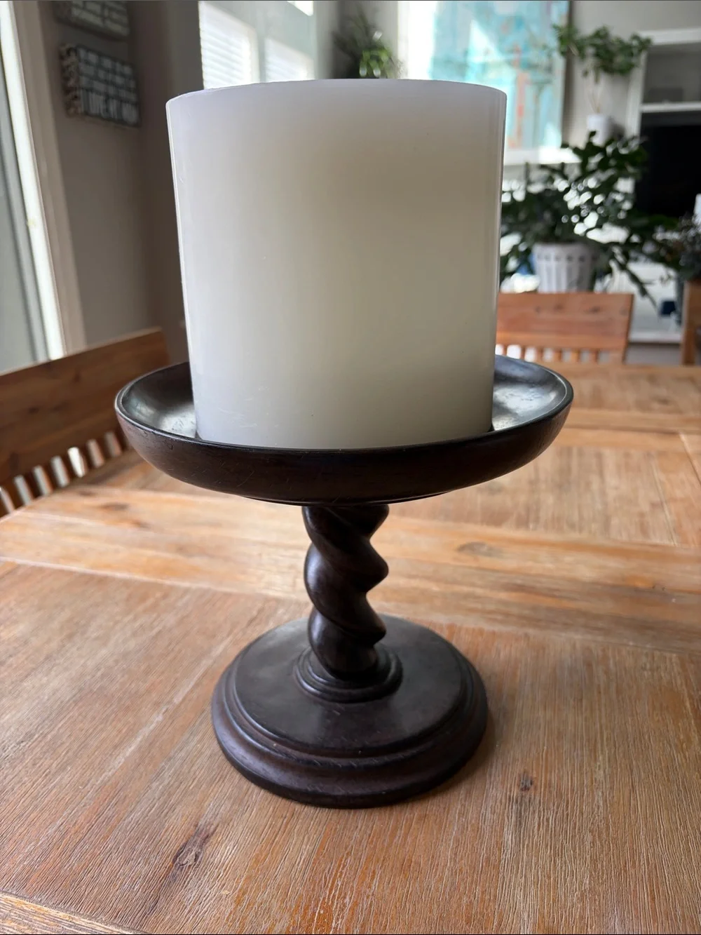 Pottery Barn Flameless Wax LED Pillar Candles and Twisted Wood Pedestal